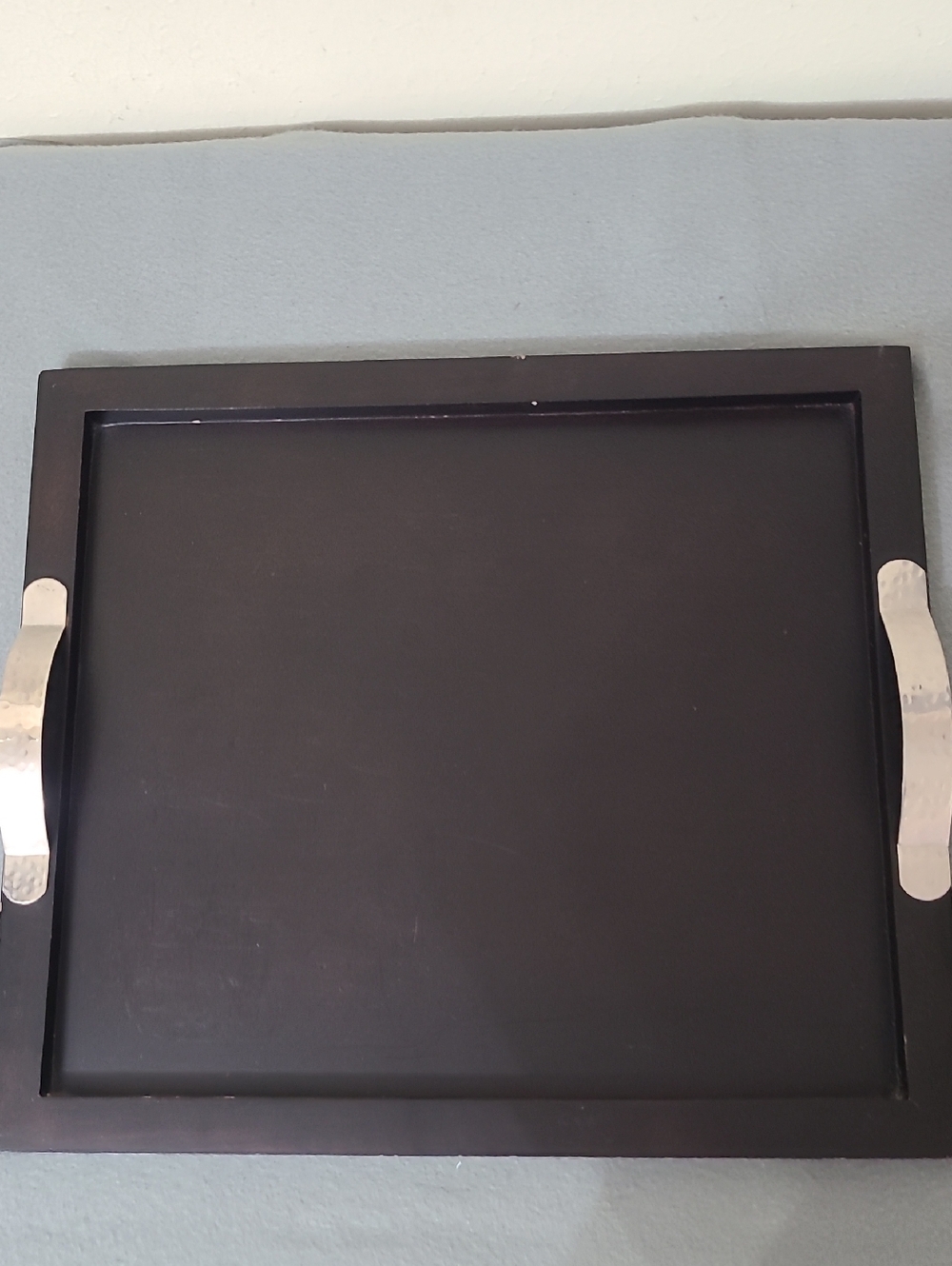 Decorative Black Wooden Rectangular Serving Tray with Silver Metal Handles